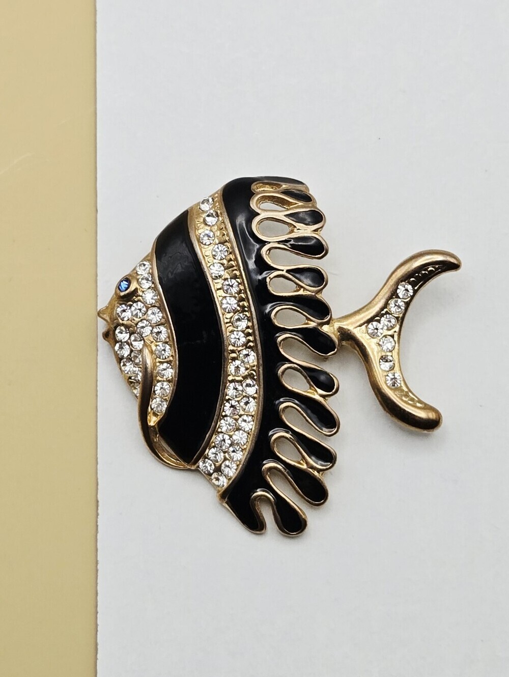 Vintage Gold Tone Black Enamel Angel Fish Brooch with Crystal Accents - Picture 10 of 16